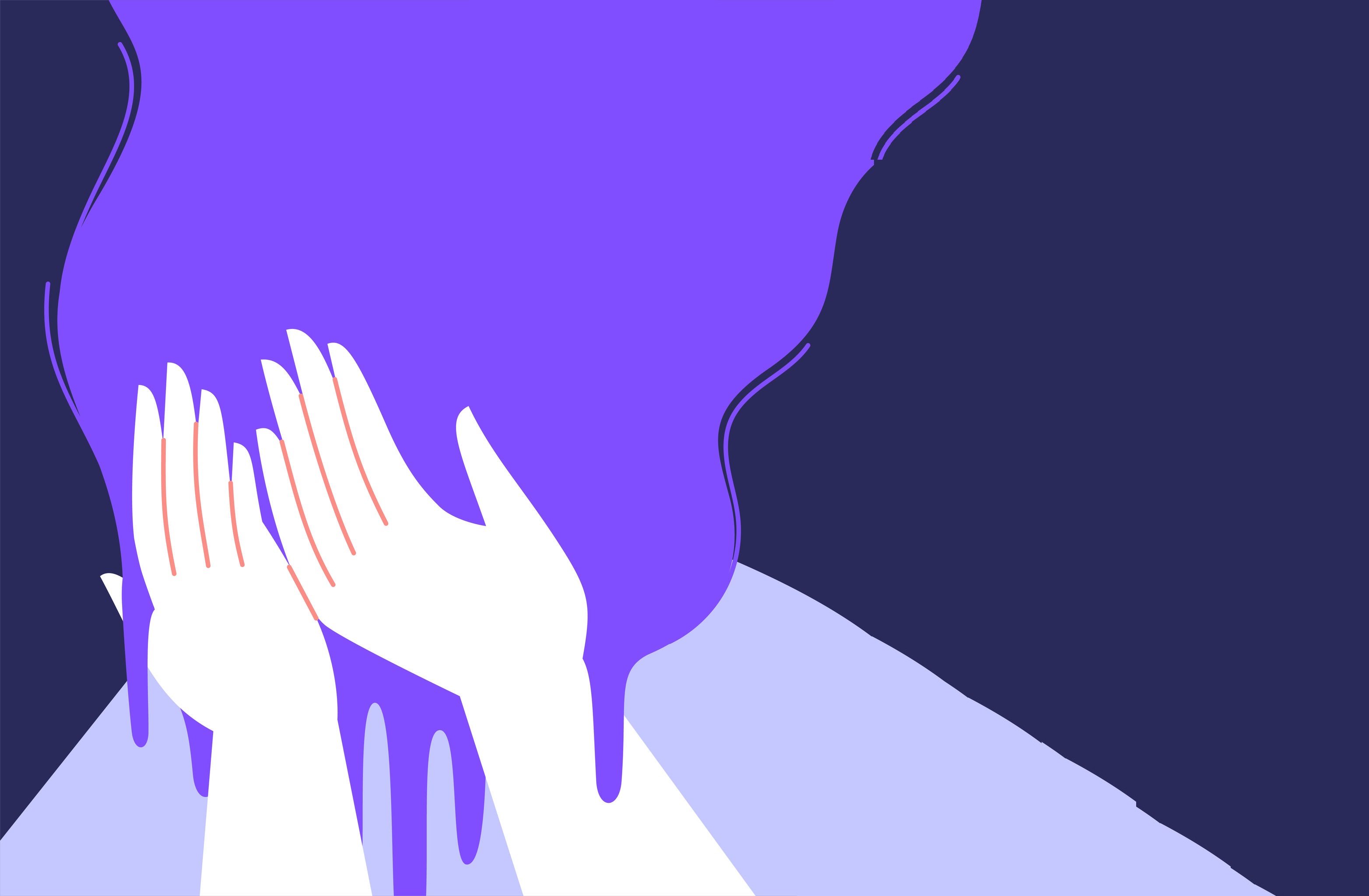 Illustrated image of a woman carer crying and burying her face in her hands